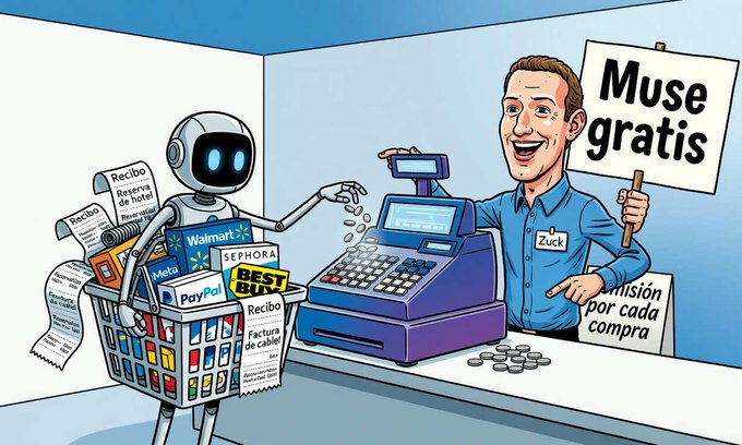 A cartoon illustration of an AI robot pushing a shopping cart full of brand items (Meta, Walmart, PayPal, Sephora) at a checkout, where a cashier named 'Zuck' holds a 'Muse gratis' (Free Muse) sign.