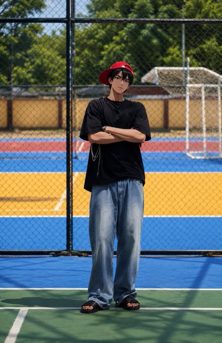 An anime-style character with dark hair and glasses, wearing a red hat, black t-shirt, and baggy blue jeans, standing with arms crossed on a colorful sports court with a soccer goal and chain-link fence in the background.