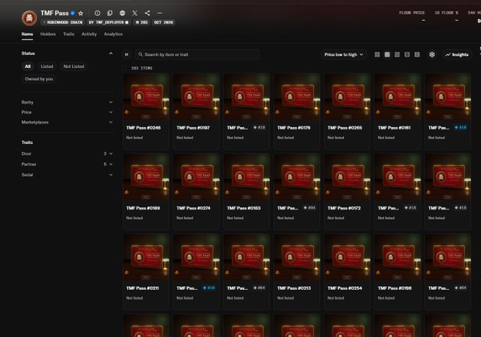 A digital marketplace interface shows a grid of NFT items from a collection called 'TMF Pass' with various item numbers, all listed as 'Not listed' on a dark background.