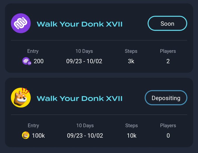 A digital interface displaying two 'Walk Your Donk XVII' challenge entries: the first has an entry fee of 200, 3k steps, 2 players, and is marked 'Soon'; the second has a 100k entry fee, 10k steps, 0 players, and is 'Depositing', both running from 09/23 - 10/02.