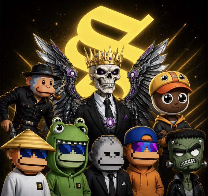 This image depicts a stylized collection of diverse characters, including a regal skeleton, a monkey, a frog, a pixelated ape, a child, and a monster, all unified under a large golden "S" logo, representing the @SolflareEmpire community.