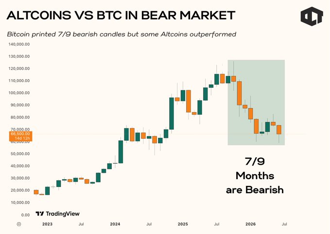 This image shows a bar graph that tracks Bitcoin's performance against BitCoins printed 7 out of 9 months as "bearish". The bars represent the number of candles for each coin over time, with altcoins outperforming Bitcoin during bear markets. The caption at the bottom of the image provides an explanation about how bear markets typically behave and which coins performed better in one specific situation compared to Bitcoin.