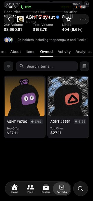 A mobile app screen showing the AGNT token by tut with stats including $30.12 price, $153.7K volume, and 1.2K holders, displaying AGNT #6700 and AGNT #5551 items in the portfolio.