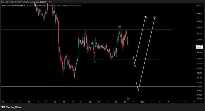 A TradingView 1-hour chart of USDT Dominance shows price forming a corrective pattern with labeled waves (a), (b), and (c), where the projected white arrows indicate a sharp decline toward a minimum target near 5.181%. The annotation aligns with the post's analysis, suggesting a C-wave drop will provide relief from USDT dominance strength.