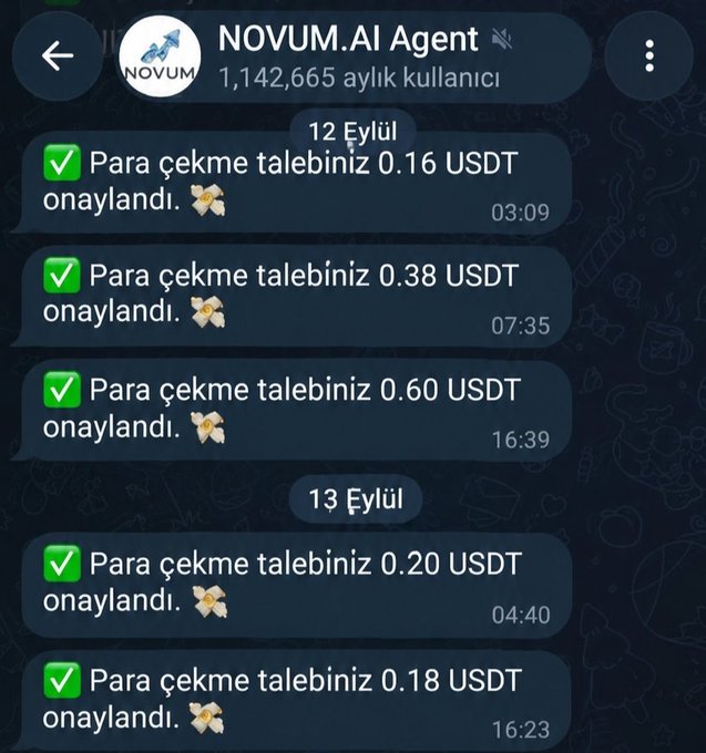 A Telegram chat interface for 'NOVUM.AI Agent' showing multiple notifications in Turkish confirming withdrawal requests ('Para çekme talebiniz') for small USDT amounts approved between September 12th and 13th.