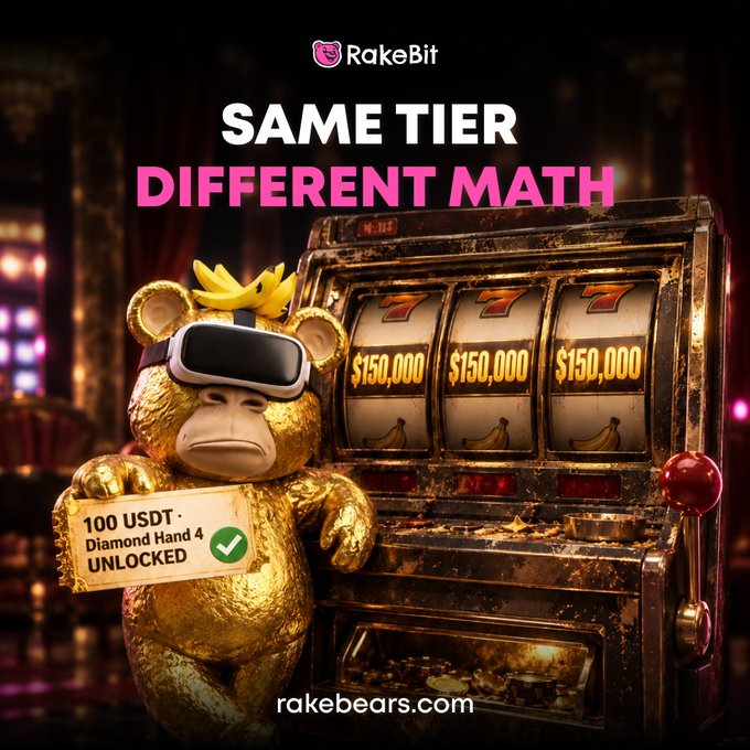 A RakeBit advertisement featuring a golden bear wearing VR goggles and a crown next to a slot machine displaying $150,000 jackpots, with text reading 'SAME TIER DIFFERENT MATH' and '100 USDT Diamond Hand 4 UNLOCKED' along with 'rakebears.com'.