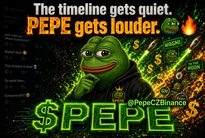 A vibrant promotional graphic featuring the Pepe the Frog meme in a green jacket, with text reading 'The timeline gets quiet. PEPE gets louder.' and '$PEPE' in glowing green letters, tagged with '@PepeCZBinance'.