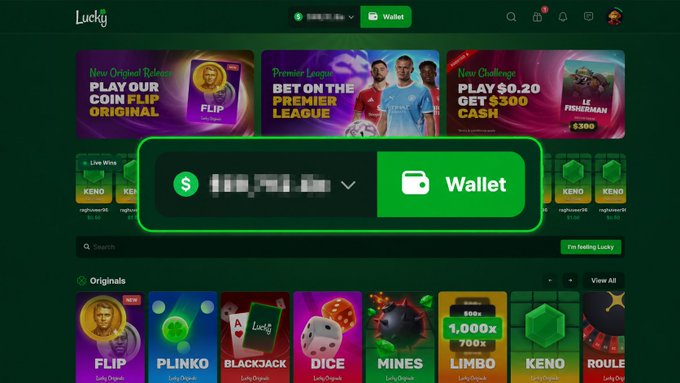 A screenshot of the Lucky casino site features a highlighted "Wallet" button displaying a partially obscured dollar amount, with promotional banners for Coin Flip ($300), Premier League ($300), and The Fisherman ($300) prizes visible. The blurred wallet balance suggests a guessing game where players must estimate the exact dollar amount shown, with $100 prizes for the closest guesses or $2,500 for an exact match.