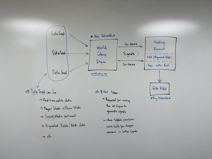 The image shows an illustration of a flowchart drawn on a whiteboard, which depicts various stages or aspects related to the team @WorldColony's AI-powered prediction models powered by the $ANT token. This flowchart might be used to explain the design or process behind these models in simple terms and provide insights into how they work.