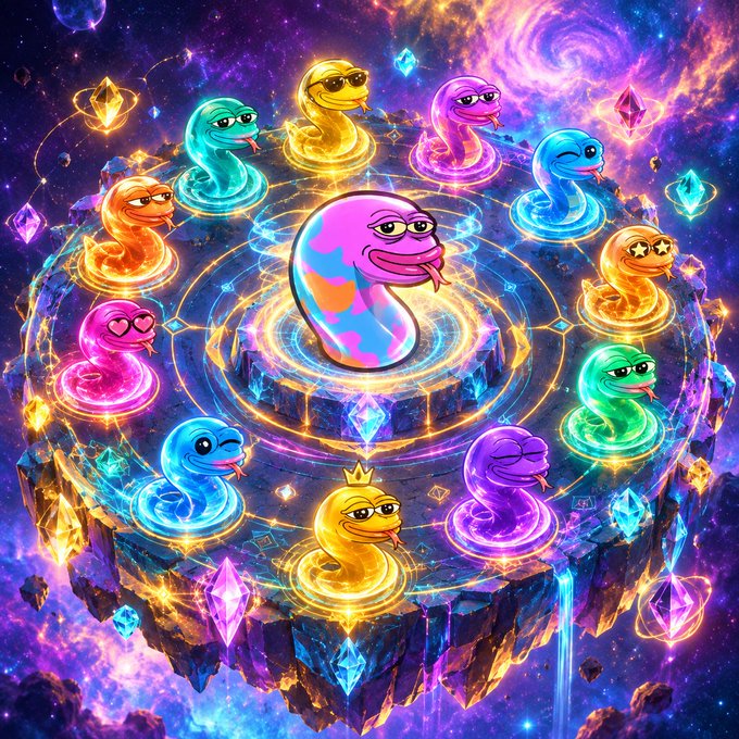 A vibrant, psychedelic digital artwork depicts colorful cartoon snakes arranged in a circular mandala pattern on floating cosmic platforms, with a larger central snake in rainbow colors surrounded by glowing gems and a starry nebula background.