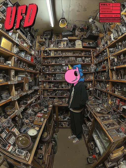 An illustration of the pink unicorn character wearing a black hoodie standing in a cluttered shop filled with various items on shelves, with 'UFO' text in the upper-left corner.