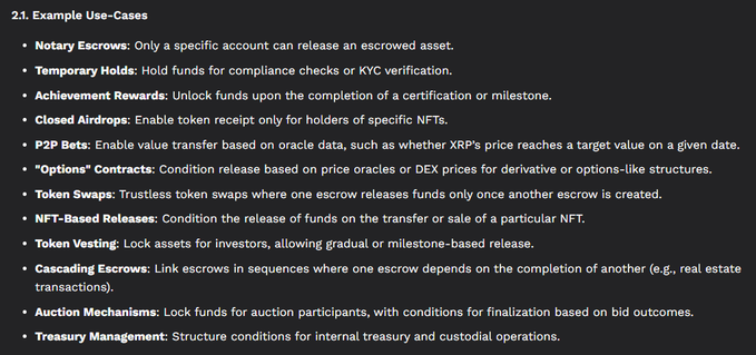A document section titled '2.1. Example Use-Cases' listing various applications such as Notary Escrows, Temporary Holds, Achievement Rewards, and P2P Bets.