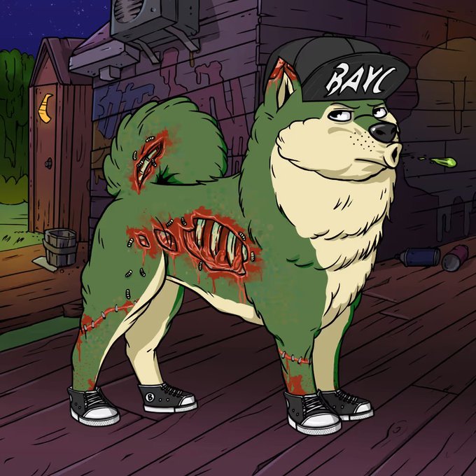 A cartoon illustration of a green Shiba Inu dog wearing a black 'BAYC' cap and sneakers, featuring grotesque wounds and exposed teeth on its body, standing in a gritty alleyway.