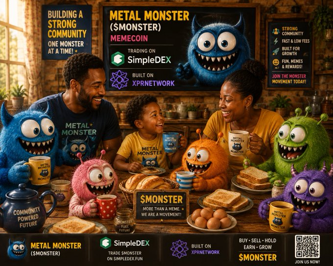 A colorful promotional image for 'METAL MONSTER ($MONSTER)' memecoin, featuring a family and various colorful fluffy monsters sharing a meal together, with text advertising 'BUILDING A STRONG COMMUNITY', 'TRADING ON SimpleDEX', and 'BUILT ON XPRNETWORK', along with QR code for sign-up.