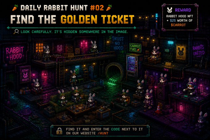 A neon pixel-art illustration titled "DAILY RABBIT HUNT #02 FIND THE GOLDEN TICKET" depicts rabbits in a city alleyway, advertising a Rabbit Hood NFT reward worth $25 of $CARROT.