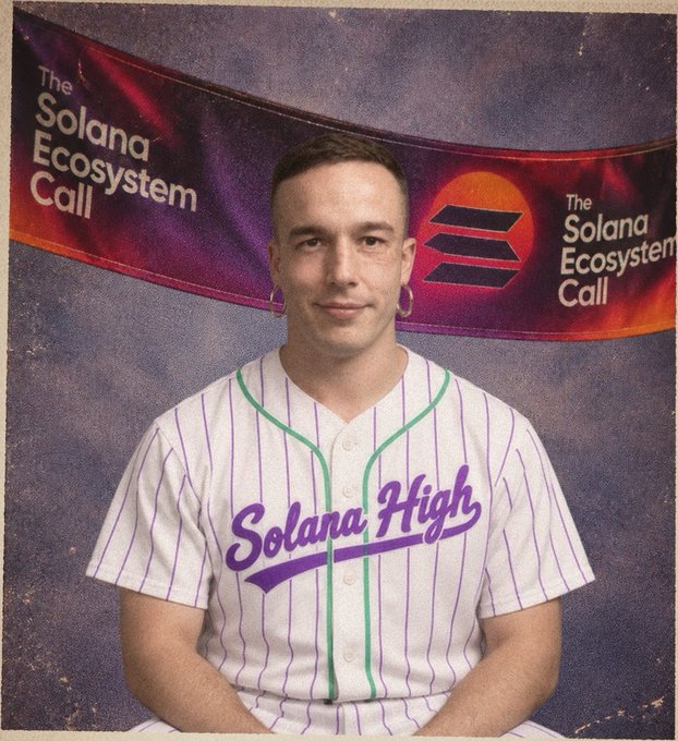 A man poses wearing a "Solana High" baseball jersey in front of a "The Solana Ecosystem Call" banner, styled like a vintage high school yearbook photo. The image humorously personifies the "Solana Ecosystem Call" Twitter account, as referenced in the post requesting it to explain itself.