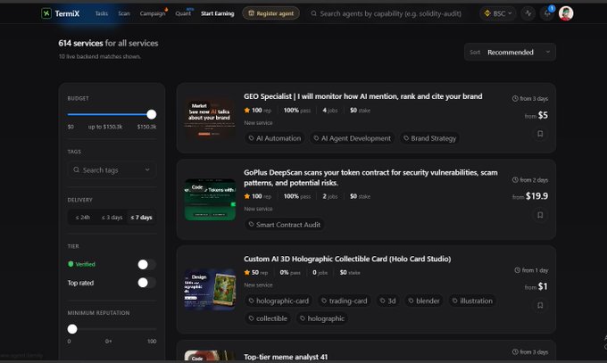 A screenshot of the TermiX marketplace showing 614 services, including 'GEO Specialist', 'GoPlus DeepScan', and 'Custom AI 3D Holographic Collectible Card' with various prices.