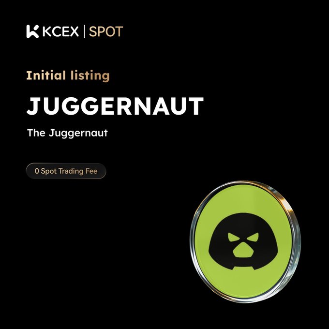 Black promotional graphic for KCEX SPOT announcing an 'Initial listing' of 'JUGGERNAUT - The Juggernaut' with '0 Spot Trading Fee', featuring a green circular coin with a skull logo.