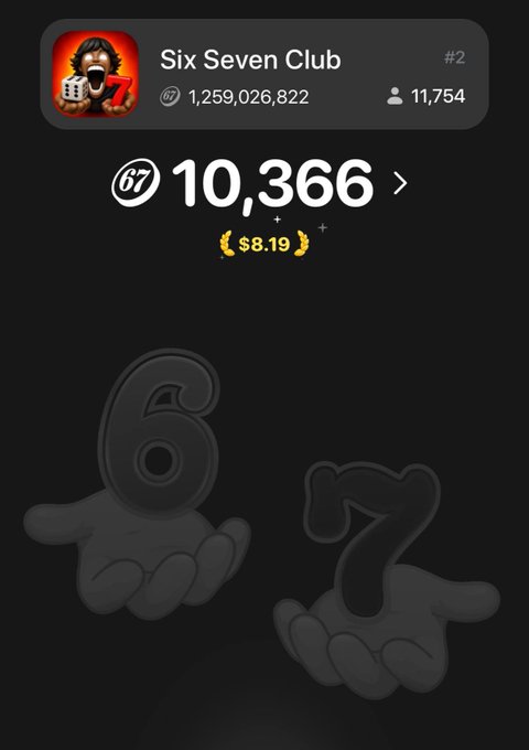 A mobile app screen showing a club called "Six Seven Club" ranked #2 with 1,259,026,822 coins, a current value of 10,366, and a price of $8.19, featuring 6 and 7 numerals as ghost-like figures.