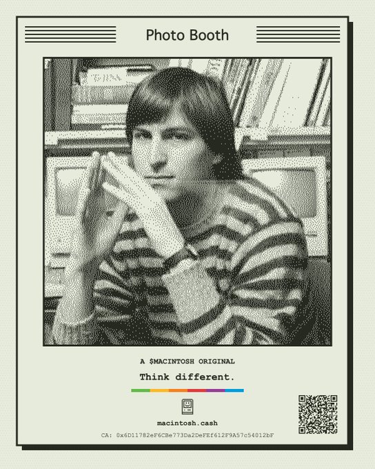 A stylized black and white 'Photo Booth' poster features a young man in a striped shirt with clasped hands, captioned 'A $MACINTOSH ORIGINAL Think different.' with the URL macintosh.cash.