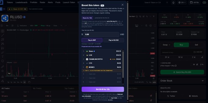 The image shows a "Boost this token" pop-up on RLUSD's token page on First Ledger, displaying a $5.00 bid requirement in XRP or RLUSD for a top-10 slot, with a current high bid of $20.25, illustrating the new Boost feature announced in the post.