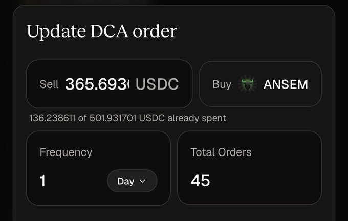 A dark-themed interface showing an 'Update DCA order' to sell 365.6936 USDC to buy ANSEM token, with 136.2386 of 501.9317 USDC already spent across 45 total orders at 1 day frequency.