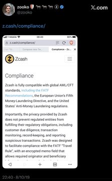 A dark-themed social media post from 'zooke' (@zooke) on X.com, displaying a webpage about 'Zcash Compliance' and its global AML/CFT standards.