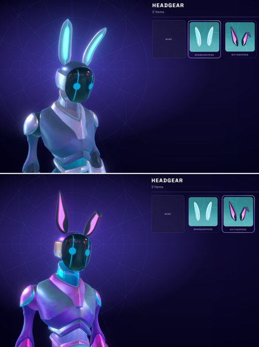 The image shows two different robot heads, both with blue eyes and ears that are shaped like bunny ears. The first head has a purple body and a blue helmet, while the second head has a green body and an orange helmet. Both robots have their arms extended outwards in front of them. The post also mentions that there is a "headgear" option available for the robot heads to enhance their appearance or functionality.