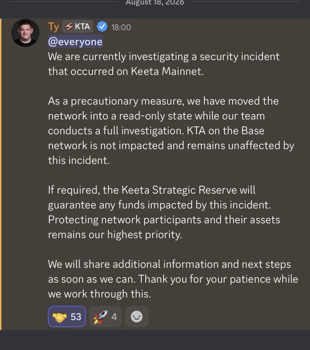 A Discord message dated August 18, 2026, from verified user Ty (KTA) announcing a security investigation on Keeta Mainnet, with the network moved to a read-only state while KTA on the Base network remains unaffected and the Keeta Strategic Reserve guaranteeing impacted funds. The accompanying post criticizes Keeta's ability to pause the network as proof of centralization, arguing that $KTA is worthless and warning investors not to buy the dip.