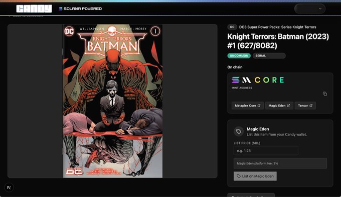 Screenshot from Fandos showing a Knights Terrors: Batman (2023) #1 NFT (#627/8082) listed on Magic Eden via Metaplex Core, with a list price field showing 'e.g. 1.25' SOL.