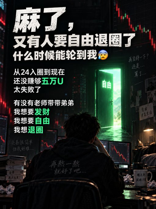 A Chinese-language meme featuring a man at a computer desk in a dark room with red trading charts, with text expressing frustration about trading losses and wanting to quit.