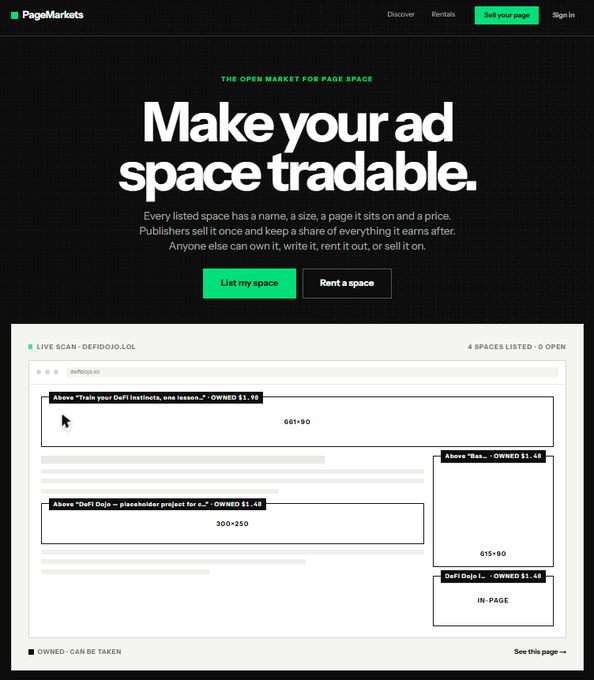 The image shows a website called "PageMarkets" with the tagline "THE OPEN MARKET FOR PAGE SPACE" and a headline reading "Make your ad space tradeable." It advertises a service where publishers can list ad space with specific sizes (like 661×90, 300×250, and 615×90) and prices (such as "OWNED $1.48"), while offering buttons to "List my space" or "Rent a space."

Note: The accompanying post about memecoins, HODL, turnover rates, and KOL referrals has no apparent connection to this image, which depicts an ad space trading platform rather than any cryptocurrency or stock trading content.