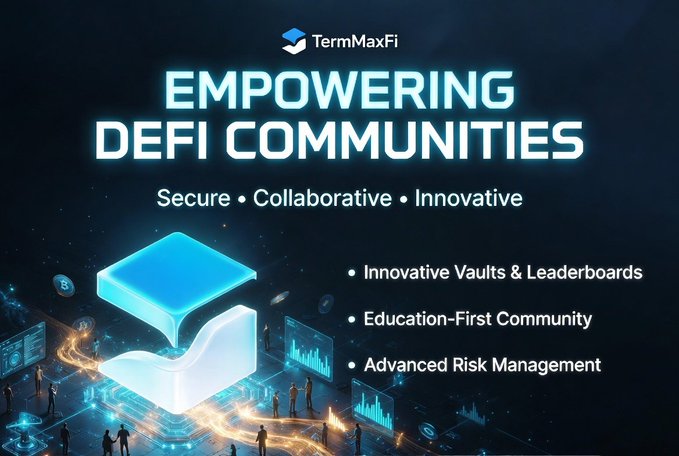 The image features a blue cube with a white border that says "TermMaxFi" written on it. The cube has a small group of people standing around it, suggesting an interactive or collaborative environment. Below the cube, there are three bullet points explaining what makes TermMaxFi stand out in the DeFi space: their innovative vault system and leaderboard, which prioritize user empowerment and community engagement.