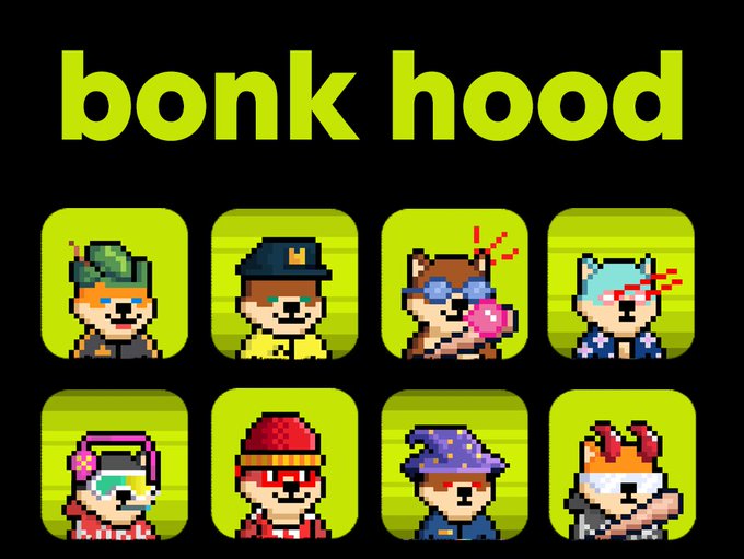 Pixel art promotional image for 'bonk hood' featuring eight cartoon dog characters in various outfits including a baseball cap, beanie, wizard hat, and headphones on green buttons.
