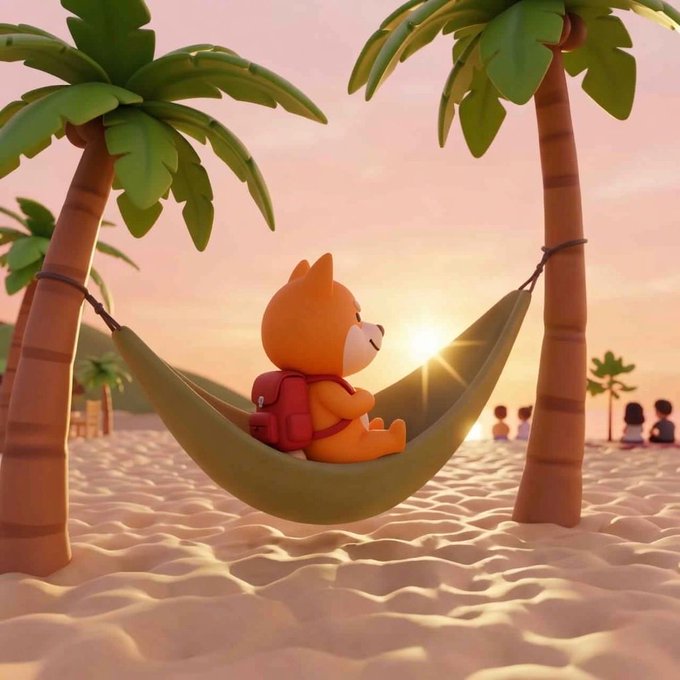This image depicts a fox relaxing during a sunset, the fox is wearing a red backpack. This image embodies "Touch grass" since the fox is indeed outdoors with sandy terrains all around.