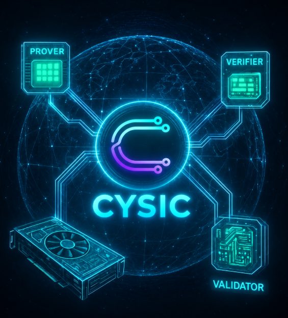 Futuristic digital illustration of the CYSIC network showing interconnected 'PROVER', 'VERIFIER', and 'VALIDATOR' nodes around a central glowing logo with circuit board and GPU graphics.