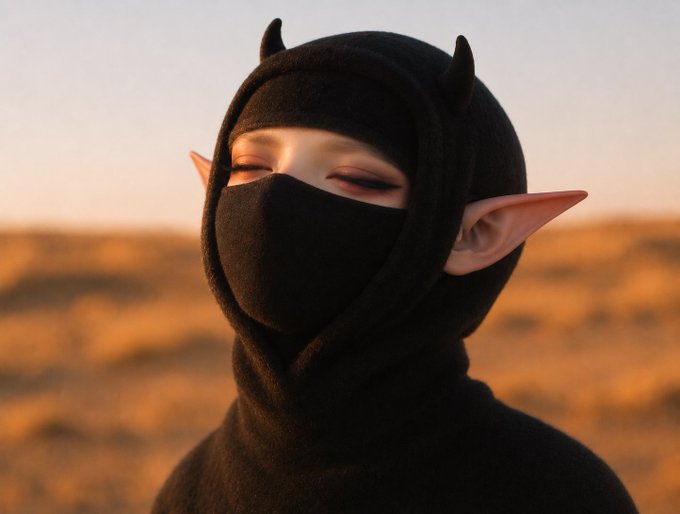 The image features a person wearing a black mask, possibly resembling a witch's hat or a hooded cape with horns, standing against an orange sky. The person appears to be alone in the scene, creating a sense of solitude and mystery. The background is blurred, drawing attention to the person and their unique attire. The post seems to be promoting something related to Bitcoin, as indicated by the text "a moment of silence for those who've recently bought local top of: btc • hype ... you're top signal just like zuzu now".