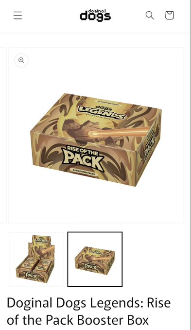 A product page showing the "Doginal Dogs Legends: Rise of the Pack Booster Box," featuring 24 booster packs, ties into the post's message about the Doginal Dogs TCG community, hinting at a limited time to join before the next "Valhalla" release.