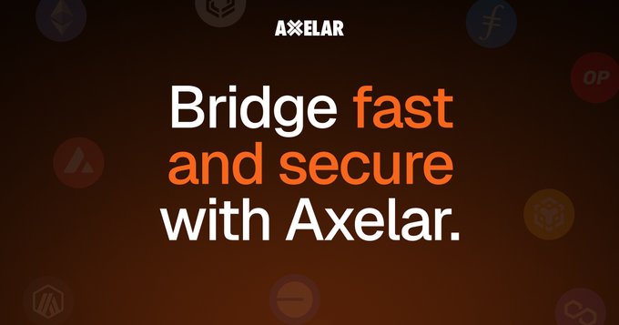 The image shows a banner for an app called Axelar that allows users to easily transfer assets across different blockchain ecosystems. The text on the banner highlights the app's ability to support asset transfers through various chains, including Bitcoin Core, Ethereum Classic, Ripple, and Litecoin. The app is currently available for download at the app store.