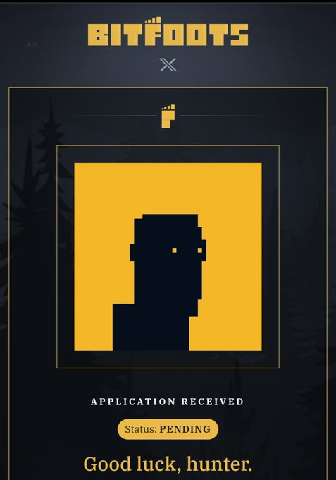 A digital 'BITFOOTS' application status screen showing a pixelated character silhouette with text 'APPLICATION RECEIVED', 'Status: PENDING', and 'Good luck, hunter.'