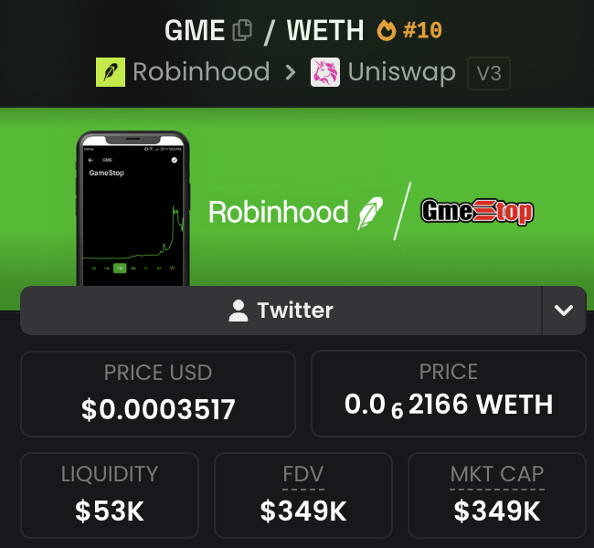 The image shows a crypto trading dashboard for the GME token on the Robinhood chain, priced at $0.0003517 (0.00002166 WETH) with $53K liquidity and a $349K market cap, humorously paired with the "Gmestop" meme logo. It complements the post's theme by visually reinforcing the playful irony of a GameStop-branded token ("GME") living on the "Robinhood" blockchain—a nod to the infamous 2021 GME/Roaring Kitty short squeeze saga.