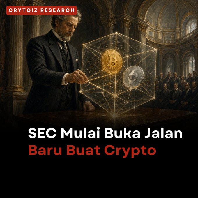 A crypto research graphic featuring an illustrated gentleman examining a glowing cube containing Bitcoin and Ethereum logos, with text reading 'CRYPTOIZ RESEARCH', 'SEC Mulai Buka Jalan', and 'Baru Buat Crypto'.
