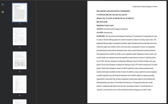 Screenshot of a document viewer showing a SEC proposed rule titled "Regulation Crypto Assets" (RIN 3235-AN38), with the first page visible discussing new rules for cryptocurrency investment vehicles.