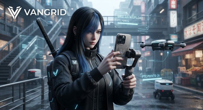 A digital artwork branded 'VANGRID' depicting a cyberpunk-styled woman holding a smartphone gimbal in a futuristic city street, with HUD overlays reading 'GRID DATA UPLOAD' and 'PTC POINTS: IA'.