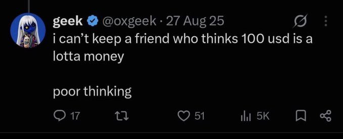 A tweet from user 'geek @oxgeek' dated 27 Aug 25 stating 'i can't keep a friend who thinks 100 usd is a lotta money / poor thinking', showing 17 replies, 51 likes, and 5K views.