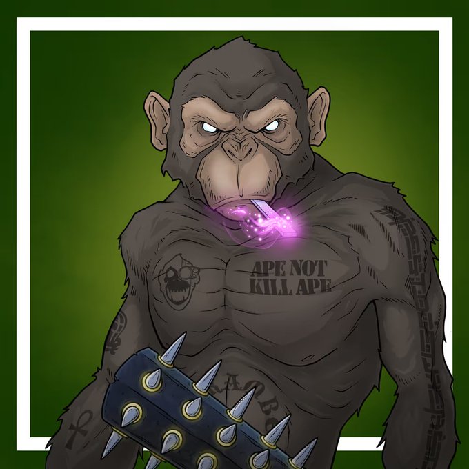 A digital illustration of a fierce ape with a spiked club, chest tattoos reading 'APE NOT KILL APE', and a glowing pink object in its mouth against a green background.