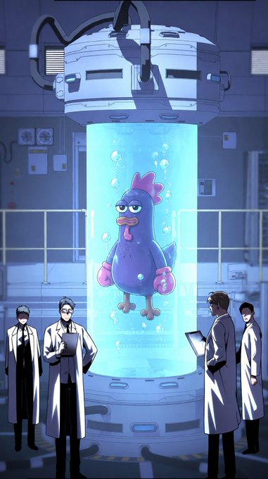 An anime-style illustration of scientists in lab coats observing a large chicken contained inside a glowing cylindrical tank in a laboratory setting.