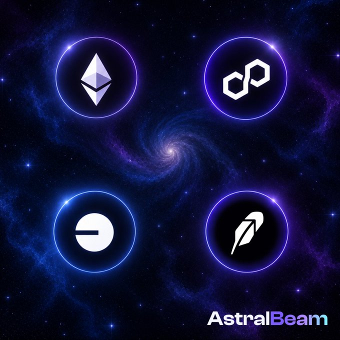 Four cryptocurrency logos—Ethereum, Polygon, Sablier, and Feather—glow against a cosmic galaxy background, with the "AstralBeam" branding displayed in the lower right corner, visually representing the cross-chain interoperability platform mentioned in the announcement.