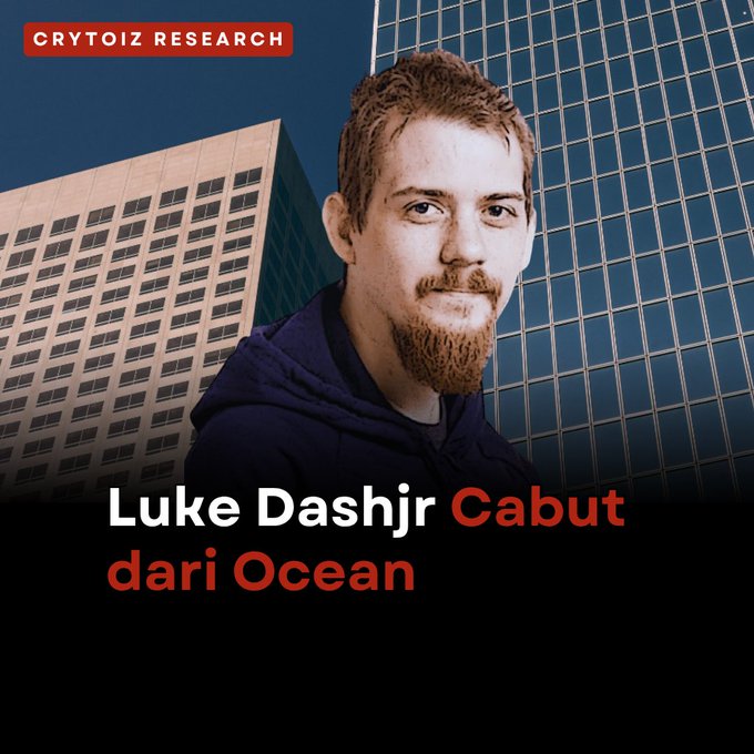 The image is a graphic from Crytoiz Research featuring a portrait of Luke Dashjr against a backdrop of corporate skyscrapers, with the Indonesian text "Luke Dashjr Cabut dari Ocean" (Luke Dashjr Leaves Ocean), which directly ties to the post about his resignation from the Bitcoin mining pool Ocean and departure from his roles as chairman, CTO, and director.