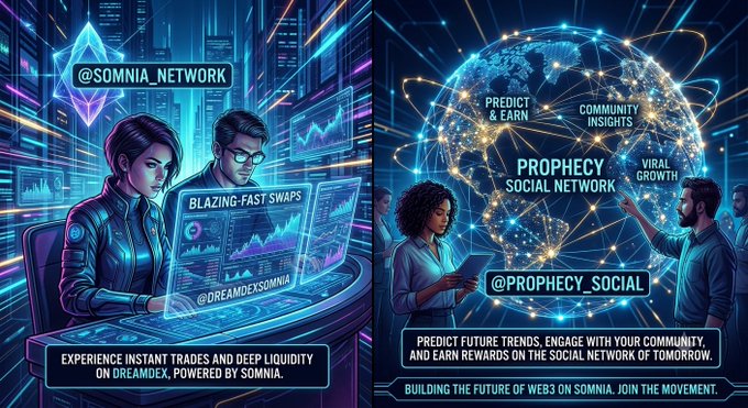 A futuristic promotional graphic for blockchain and social-network projects. Visible text includes “@SOMNIA_NETWORK,” “BLAZING-FAST SWAPS,” “PROPHECY SOCIAL NETWORK,” “PREDICT & EARN,” “COMMUNITY INSIGHTS,” “VIRAL GROWTH,” and “@PROPHECY_SOCIAL.”
